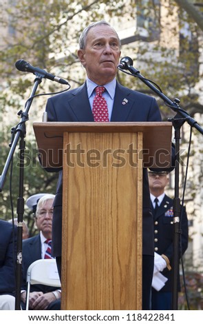 NEW YORK - NOVEMBER 11: Mayor Michael Bloomberg speaks during opening ceremony for Veteran\'s Day Parade in Madison Square Park on November 11, 2012 in New York City