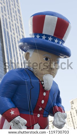 NEW YORK - NOVEMBER 22: Uncle Sam balloon is flown at the 86th Annual Macy\'s Thanksgiving Day Parade on November 22, 2012 in New York City.