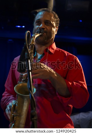 NEW YORK - JANUARY 12: Craig Handy sax performs with Billy Harper band The Cookers on stage as part of NYC Winter Jazz Festival at Le Poisson Rouge on January 12, 2013 in New York City