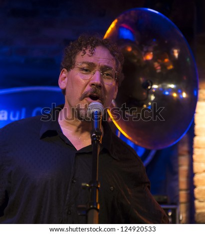NEW YORK - JANUARY 12: Wade Schuman vocals performs with Hazmat Modine band on stage as part of NYC Winter Jazz Festival at The Bitter End on January 12, 2013 in New York City