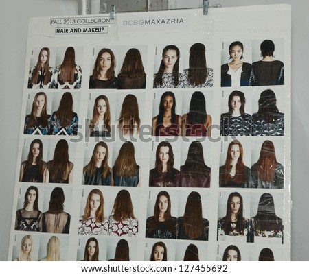 NEW YORK - FEBRUARY 07: Poster for hair and makeup backstage for BCBGMAXAZRIA collection by MAx Azria during Fall/Winter 2013 at Mercedes-Benz Fashion Week at Lincoln Center on Feb 7, 2013 in New York