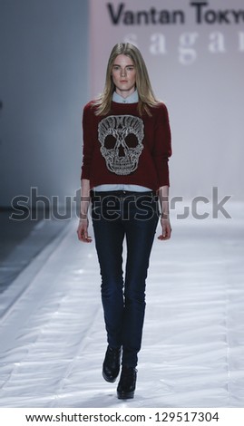 NEW YORK - FEBRUARY 12: Model walks runway during Fall/Winter 2013 rehearsal for Vantan Tokyo collection at Mercedes-Benz Fashion Week at Lincoln Center on February 12, 2013 in New York