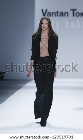 NEW YORK - FEBRUARY 12: Model walks runway during Fall/Winter 2013 presentation for Vantan Tokyo collection by Nelly Hohmann at Mercedes-Benz Fashion Week at Lincoln Center on Feb 12, 2013 in New York