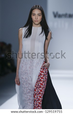 NEW YORK - FEBRUARY 12: Model walks runway during Fall/Winter 2013 presentation for Vantan Tokyo collection by Nelly Hohmann at Mercedes-Benz Fashion Week at Lincoln Center on Feb 12, 2013 in New York