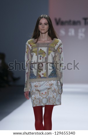 NEW YORK - FEBRUARY 12: Model walks runway during Fall/Winter 2013 presentation for Vantan Tokyo collection by Sagan at Mercedes-Benz Fashion Week at Lincoln Center on February 12, 2013 in New York