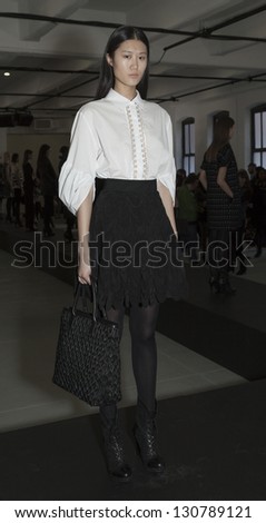 NEW YORK - FEBRUARY 10: Model shows off dress during Fall/Winter 2013 presentation for Catherine Malandrino collection at Mercedes-Benz Fashion Week at Center 548 on February 10, 2013 in New York
