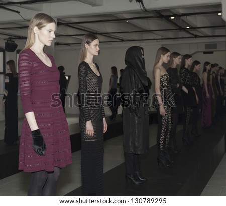 NEW YORK - FEBRUARY 10: Models show off dresses during Fall/Winter 2013 presentation for Catherine Malandrino collection at Mercedes-Benz Fashion Week at Center 548 on February 10, 2013 in New York