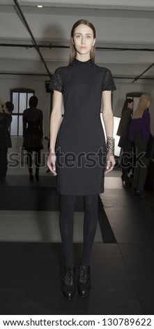 NEW YORK - FEBRUARY 10: Model shows off dresses during Fall/Winter 2013 presentation for Catherine Malandrino collection at Mercedes-Benz Fashion Week at Center 548 on February 10, 2013 in New York