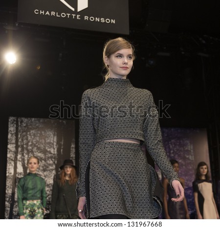 NEW YORK - FEBRUARY 8: Model shows off dresses at Fall 2013 presentation for collection by Charlotte Ronson at Mercedes-Benz Fashion Week at Lincoln Center on February 8, 2013 in New York