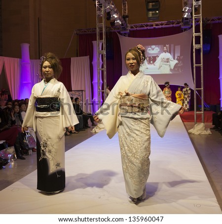 NEW YORK - APRIL 19: Models walk runway for Kimono Fashion Show NYC celebration of Japanese Culture at Grand Central Terminal Vanberbilt Hall on April 19, 2013 in New York City