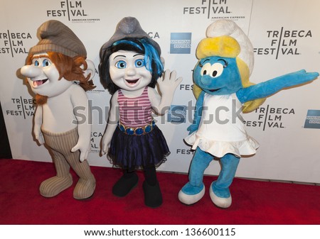 NEW YORK - APRIL 27: Smurf characters Hackus, Vexy, Smurfette movie attends Sneak Peek of The Smurfs 2 at Family festival during the 2013 Tribeca Film festival at BMCC on April 27, 2013 in NYC