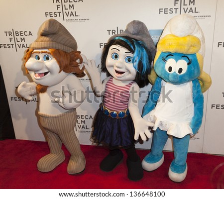 NEW YORK - APRIL 27: Smurf characters Hackus, Vexy, Smurfette from movie attends Sneak Peek of The Smurfs 2 at Family festival during the 2013 Tribeca Film festival at BMCC on April 27, 2013 in NYC
