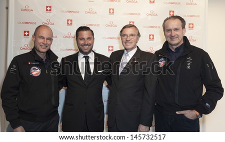 NEW YORK - JULY 10: Andre Borschberg, Bertrand Piccard, Francois Barras, Brice Le Troadec attend dinner to celebrate Solar Impulse plane arrival in NYC at Center 548 on July 10, 2013 in New York City.