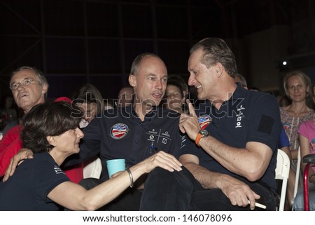 NEW YORK - JULY 13: Andre Borschberg, Bertrand Piccard attend celebration of complition flight across America by Solar Impulse plane at John F. Kennedy airport on July 13, 2013 in New York City.