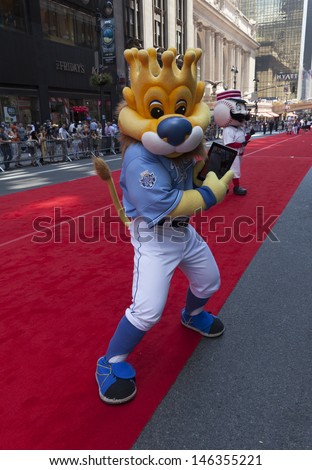 NEW YORK - JULY 16: Kansas City Royals mascot Sluggerrr poses on red carpet during the MLB All-Star Game Red Carpet Show along 42nd street on July 16, 2013 in New York
