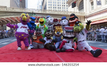 NEW YORK - JULY 16: MLB teams mascots pose on red carpet during the MLB All-Star Game Red Carpet Show along 42nd street on July 16, 2013 in New York