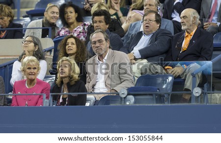 NEW YORK - SEPTEMBER 5: Tommy Lee Jones & Sir Sean Connery attend quarterfinal match between Novak Djokovic of Serbia & Mikhail Youzhny of Russia  at USTA Tennis Center on Sep 5, 2013 in NYC