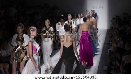 NEW YORK - SEPTEMBER 10: Models walk runway during Spring/Summer 2014 Fashion week for collection by Alon Livne at Lincoln Center on September 10, 2013 in New York