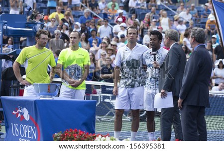 NEW YORK - SEP 8: Leander Paes of India, Radek Stepanek of Czech Republic & Alexander Peya of Austria, Bruno Soares of Brazil pose with 2013 US Open trophies at USTA Tennis Center on Sep 8 2013 in NYC