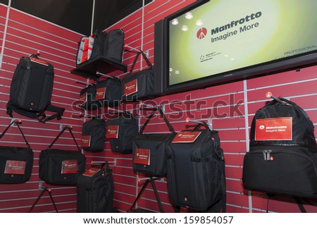 NEW YORK - OCTOBER 24: Newest camera bags on display at Manfrotto booth at Photoplus expo organized by Photo District News at Javits Convention Center on October 24, 2013 in New York City
