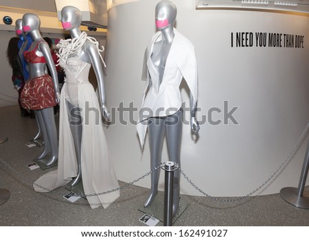 NEW YORK - NOVEMBER 11: Lady Gaga costumes on display during Artpop Pop Up: A Lady Gaga Gallery in Meatpacking District on November 11, 2013 in New York City