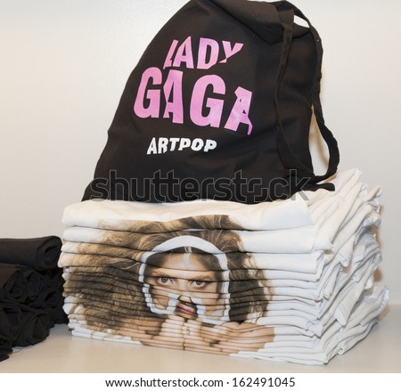 NEW YORK - NOVEMBER 11: Lady Gaga merchandise on display during Artpop Pop Up: A Lady Gaga Gallery in Meatpacking District on November 11, 2013 in New York City