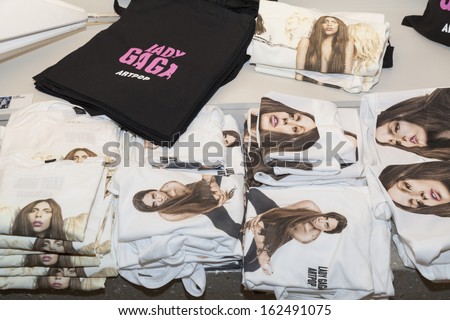 NEW YORK - NOVEMBER 11: Lady Gaga merchandise on display during Artpop Pop Up: A Lady Gaga Gallery in Meatpacking District on November 11, 2013 in New York City