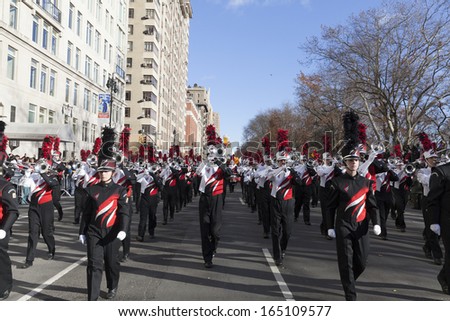 NEW YORK - NOVEMBER 28: Lakota West marching band from West Chester Ohio marches at the 87th Annual Macy\'s Thanksgiving Day Parade on November 28, 2013 in New York City.