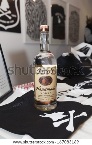 NEW YORK - DECEMBER 12: Bottle of Tito\'s vodka on display at Nick Graham pop-up shop at the Paul Kasmin Store in Chelsea on December 10, 2013 in New York City.