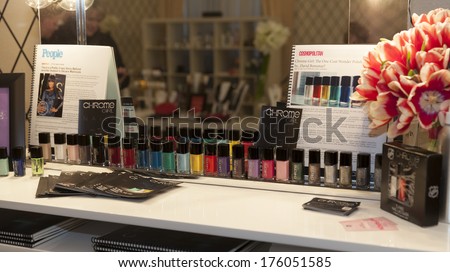 NEW YORK, NY - FEBRUARY 10, 2014: Chrome Girl nail lacquer collection on display for Home Shopping Network during New York Fall/Winter 2014 fashion week at Empire Hotel Crystal Room