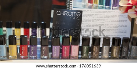 NEW YORK, NY - FEBRUARY 10, 2014: Chrome Girl nail lacquer collection on display for Home Shopping Network during New York Fall/Winter 2014 fashion week at Empire Hotel Crystal Room