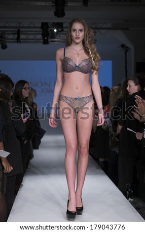NEW YORK, NY - FEBRUARY 24, 2014: Model walks runway for Lingerie fashion night IN show by Maison Lejaby during CurveExpo at Tribeca Skyline Studios