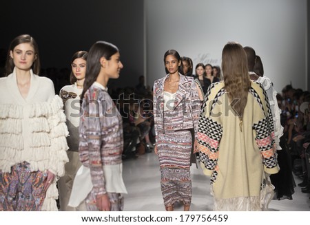 NEW YORK, NY - FEBRUARY 08, 2014: Models walk runway for Mara Hoffman collection inspired by Nothern Africa at New York Fall/Winter 2014 Fashion week at Lincoln Center