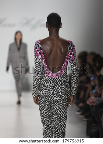 NEW YORK, NY - FEBRUARY 08, 2014: Model walks runway for Mara Hoffman collection inspired by Nothern Africa at New York Fall/Winter 2014 Fashion week at Lincoln Center