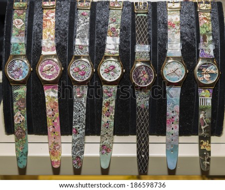 NEW YORK, NY - APRIL 10, 2014: Watches designed by Michal Negrin on display at SOHO store opening for Michal Negrin