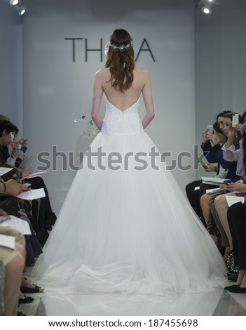 NEW YORK, NY - APRIL 10, 2014: Model walks runway for Theia collection by Don O\'Neill during at bridal week at 1412 Broadway studio