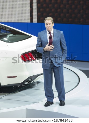 New York, NY - APRIL 16, 2014: Ford Motor Company Executive Chairman Bill Ford speaks at New York Auto Show celebrating Ford Mustang 50th Anniversary 2015 Mustang GT 5.0  Limited Edition is on display