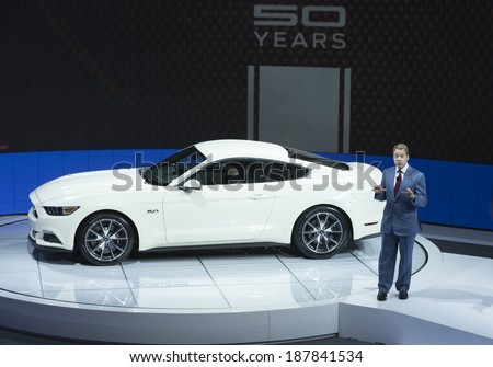 New York, NY - APRIL 16: Ford Motor Company Executive Chairman Bill Ford speaks at New York Auto Show celebrating 50th Anniversary of Ford Mustang, 2015 Mustang GT 5.0  Limited Edition is on display