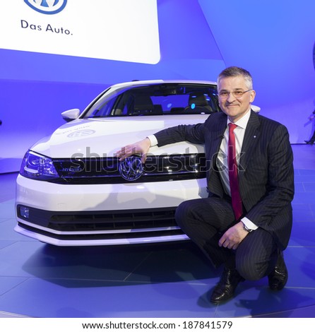New York, NY - APRIL 16, 2014: Michael Horn President and CEO of Volkswagen Group of America speaks at unveiling edition 2015 Jetta car at New York International Auto Show
