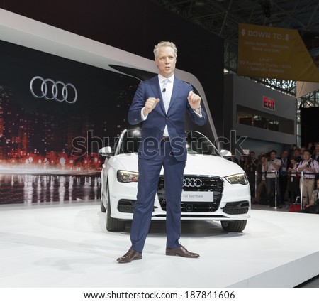 New York, NY - APRIL 16, 2014: President of Audi of America Scott Keogh speaks at unveiling edition 2015 car at New York International Auto Show