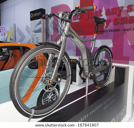 New York, NY - APRIL 16, 2014: Exterior design of Smart eco ebike bicycle 2015 on display at New York International Auto Show