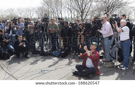 New York, NY - April 22, 2014: Press corps attend press conference to celebrate 50th anniversary of World\'s Fair in Queens Flushing Meadows Park before New York State Pavilion tours open