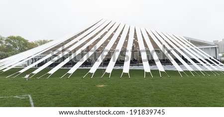 NEW YORK, NY - MAY 09, 2014: View from outside of tents on first day of Frieze Art Fair on Randall\'s Island