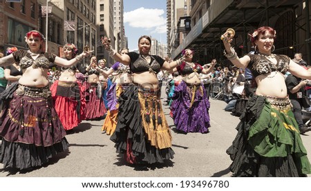 New York, NY USA - May 17, 2014: Manhattan Tribal dance group performs on 8th annual dance parade on Broadway