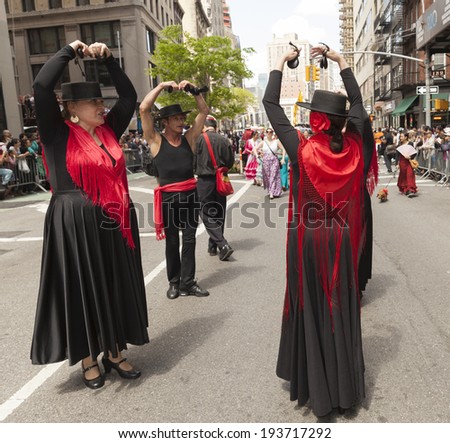 New York, NY USA - May 17, 2014: Flamenco dance group performs on 8th annual dance parade on Broadway