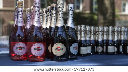 New York, NY USA - June 15, 2014: Bottles of Martini sparkling wine from Italy sponsor of Jazz Era Lawn Party by Michael Arenella and Dreamland Orchestra on Governor\'s Island