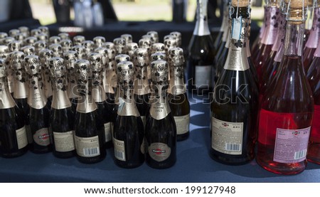 New York, NY USA - June 15, 2014: Bottles of Martini sparkling wine from Italy sponsor of Jazz Era Lawn Party by Michael Arenella and Dreamland Orchestra on Governor\'s Island