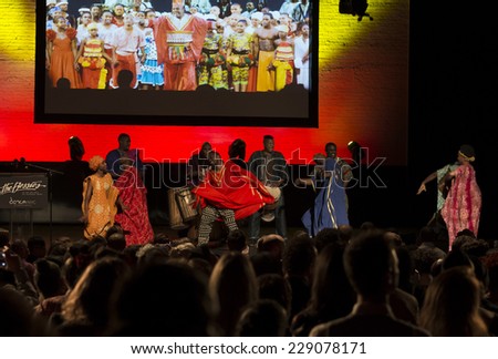 New York, NY - October 20, 2014: Members of African American Dance Ensemble and Dr. Chuck Davis perform on stage during the 2014 Bessies Awards at The Apollo Theater