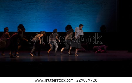 New York, NY - October 20, 2014: Members of Urban Bush Women dance group perform on stage Shelter by Jawole Willa Jo Zollar during the 2014 Bessies Awards at The Apollo Theater