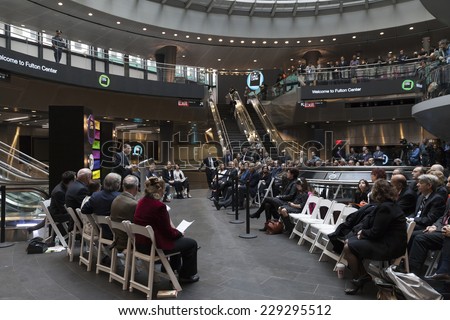 New York, NY - November 9, 2014: US Congressman Jerry Nadler speaks at opening ceremony of Fulton Center unveiled by Metropolitan Transit Authority during opening ceremony on Broadway in Manhattan